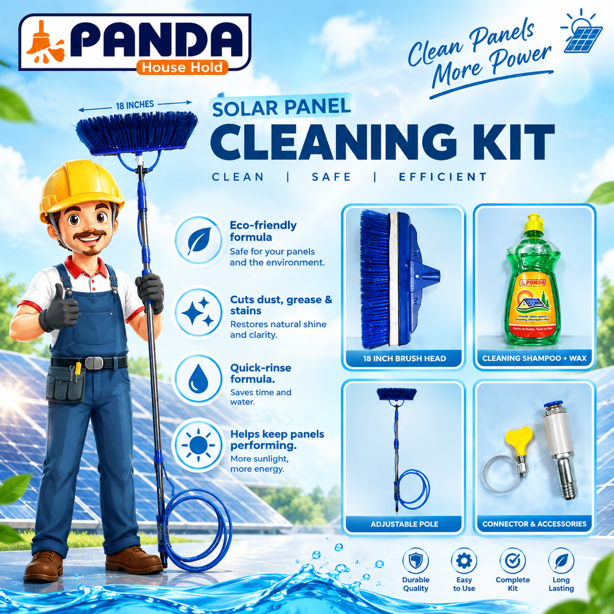 Solar Panel Cleaning Brush | Soft Bristle Solar Cleaner Panda house hold