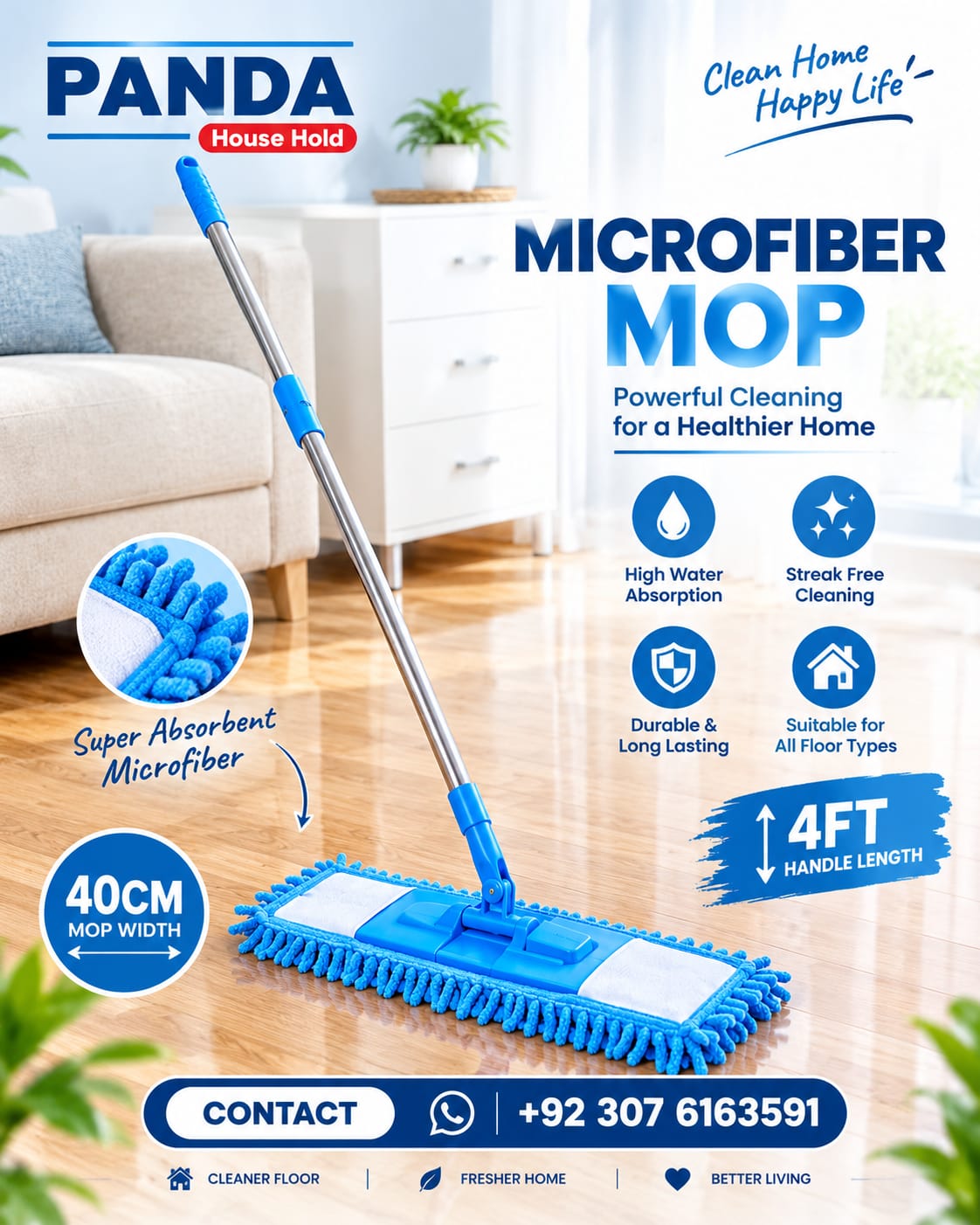 Panda House Hold Microfiber Mop – 40cm Flat Mop with 4FT Handle, High Absorbency