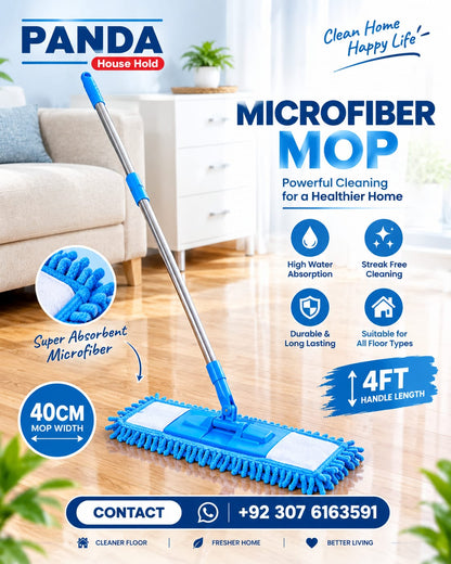Panda House Hold Microfiber Mop – 40cm Flat Mop with 4FT Handle, High Absorbency
