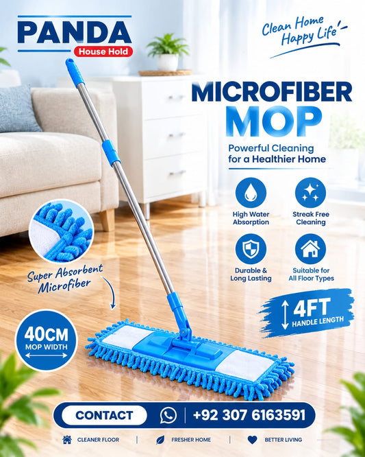 Panda House Hold Microfiber Mop – 40cm Flat Mop with 4FT Handle, High Absorbency